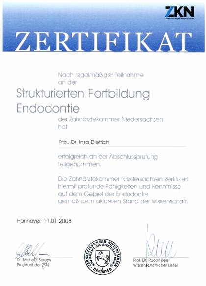 Zertifikat Endodontie